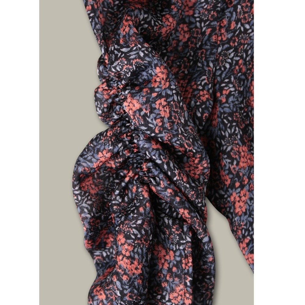 Avec Les Filles Floral Lace Trim Ruched Sleeve Blouse M Navy Coral Boho Chic Top - Picture 4 of 9